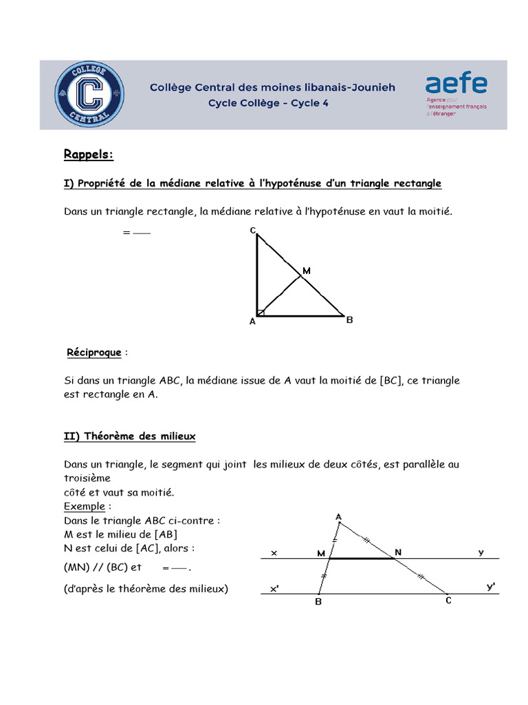 Propriétés des triangles rectangles et milieux | PDF