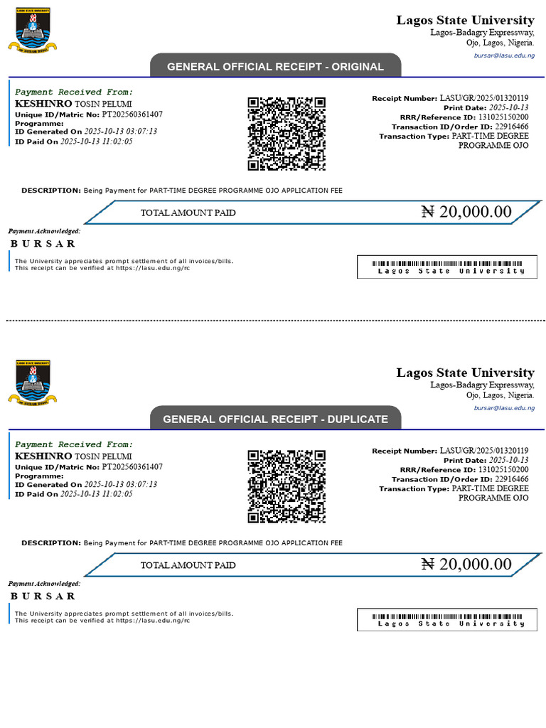 Keshinro Tosin Receipt For Lasu Part-Time | PDF | Receipt | Business