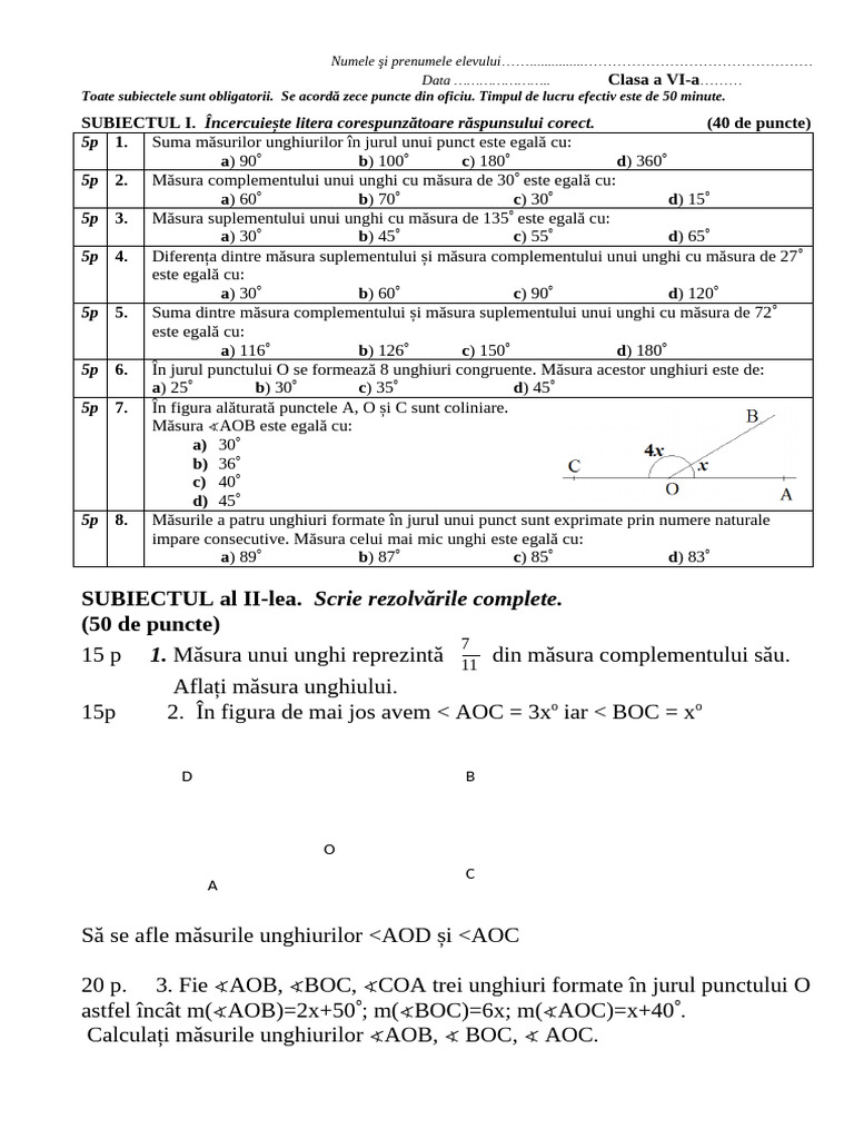 Test Unghiuri Clasa 6, NR 1 | PDF