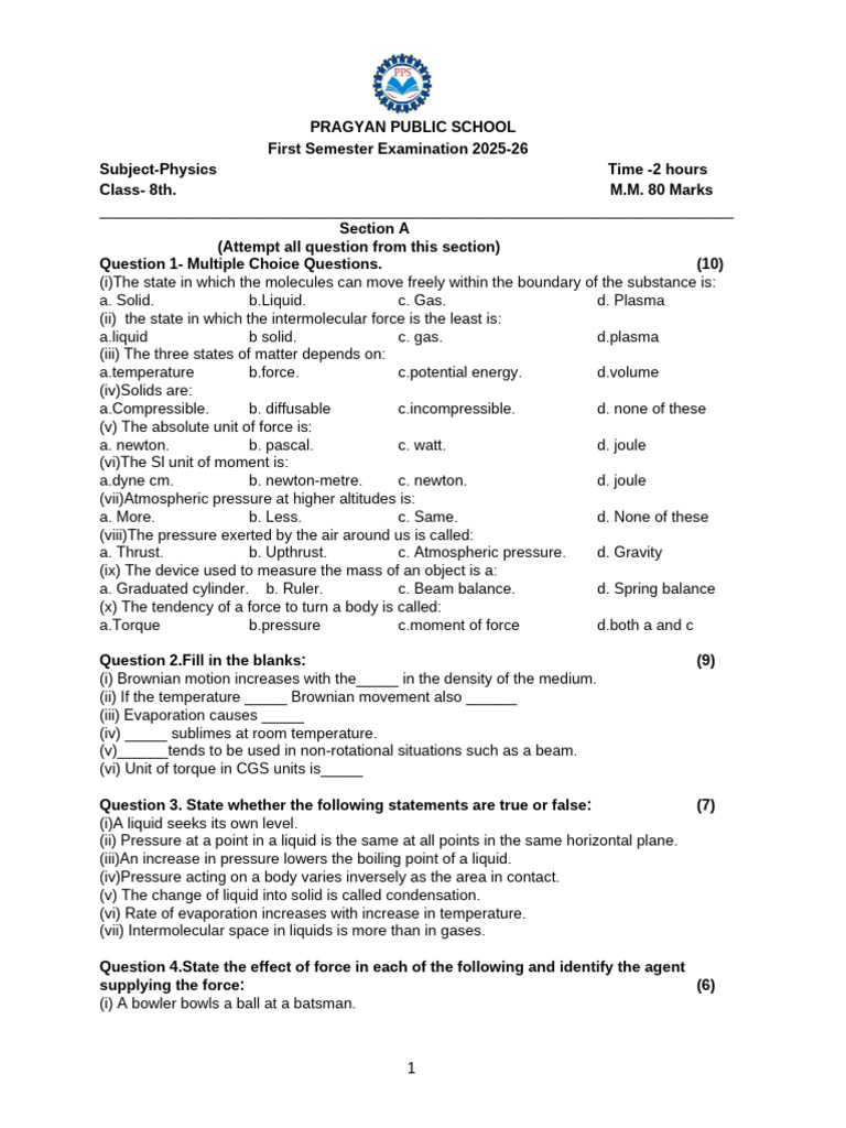 Class 8 Physics Exam Paper 2025-26 | PDF | Pressure | Liquids