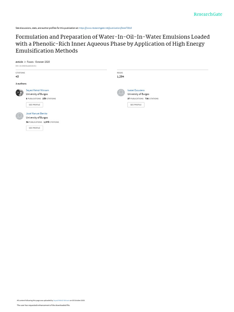 Water-In-Oil-In-Water Emulsions Study | PDF | Emulsion | Analysis Of ...