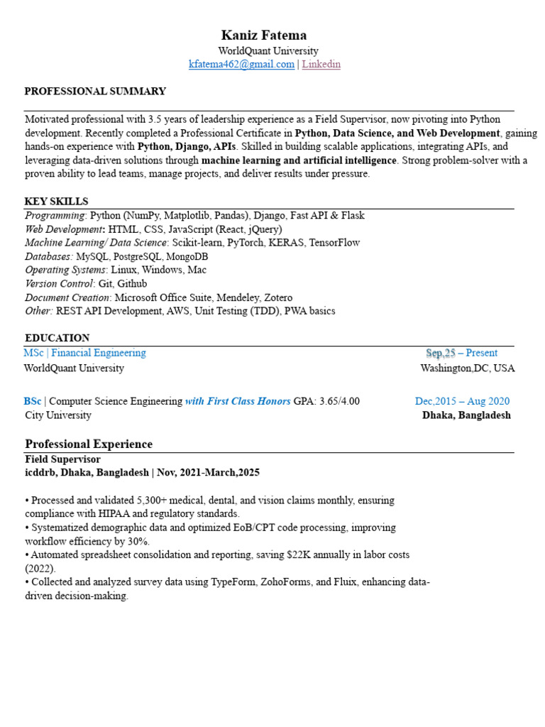 Kaniz Fatema , Data Analyst Resume | PDF | Web Development | Python ...
