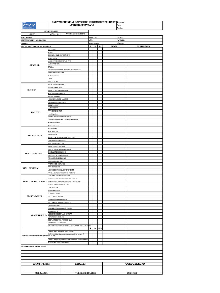 Checklist Voertuig Lubrificatie | PDF