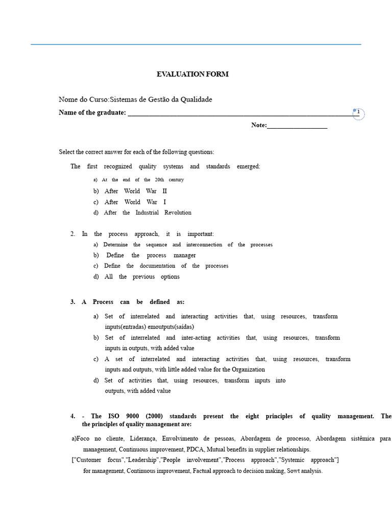 Quality Management System Evaluation Form | PDF | Quality Management ...