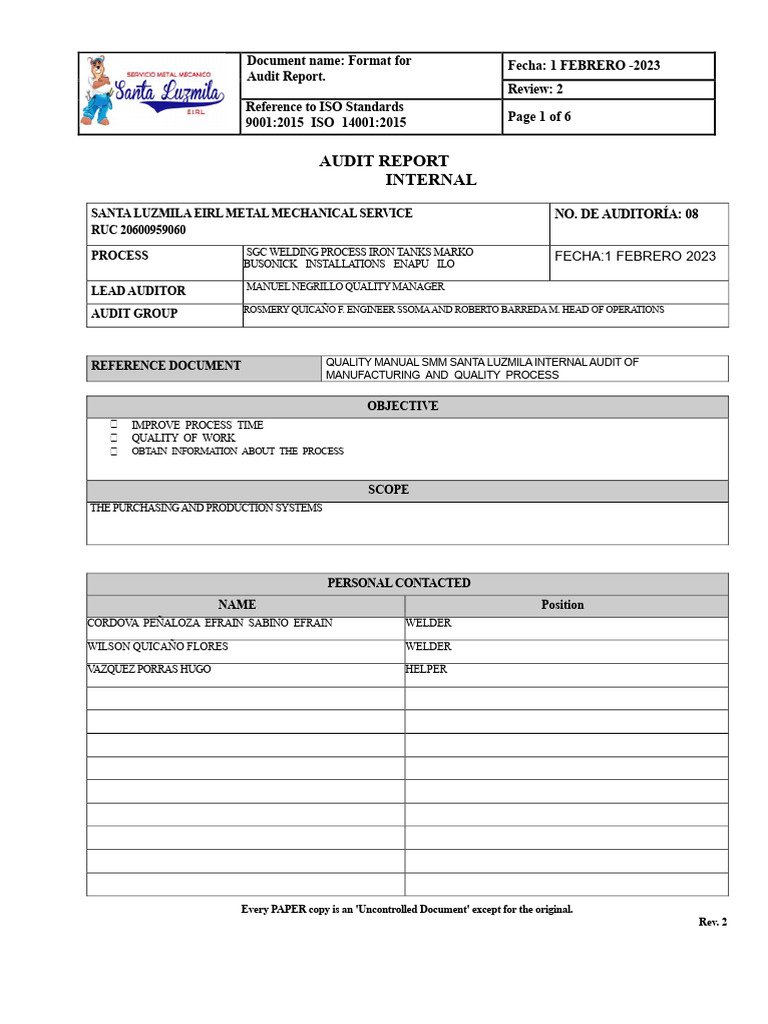 Internal Audit Report Format for ISO Standards | PDF | Audit | Auditor ...