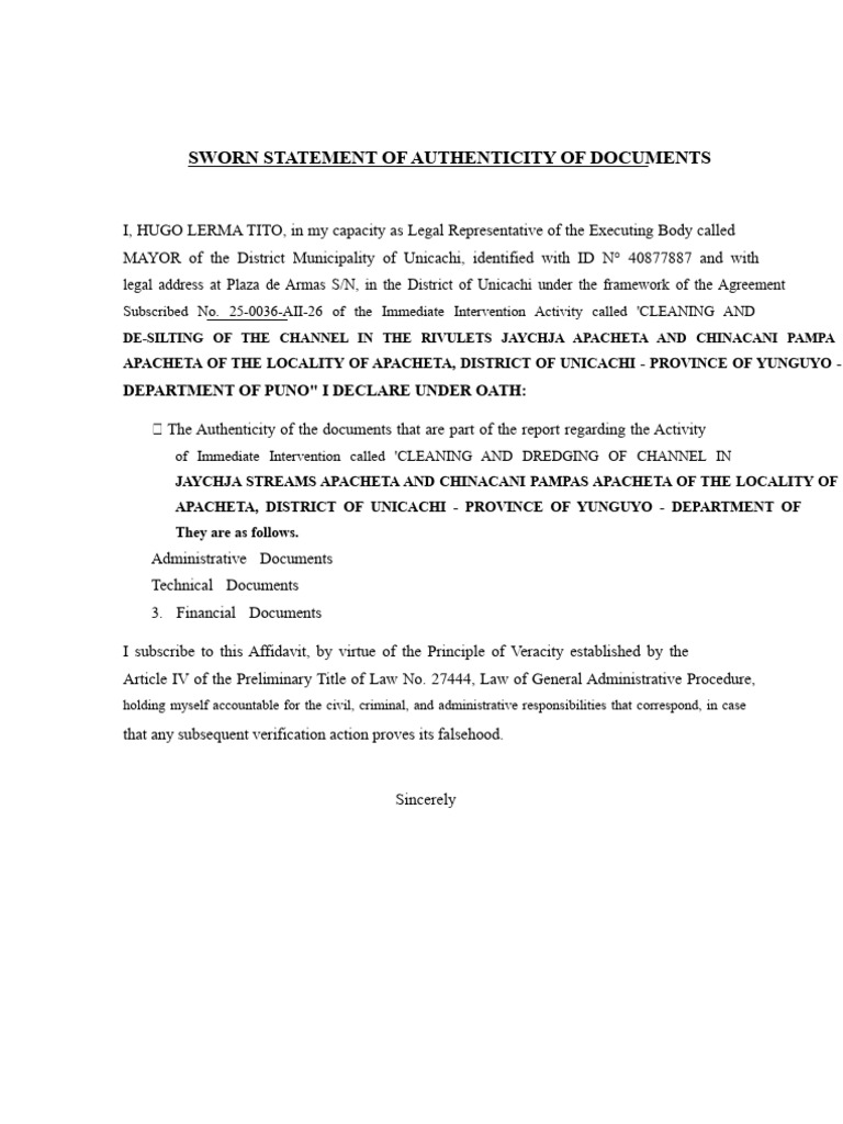SWORN STATEMENT OF AUTHENTICITY OF DOCUMENTS | PDF