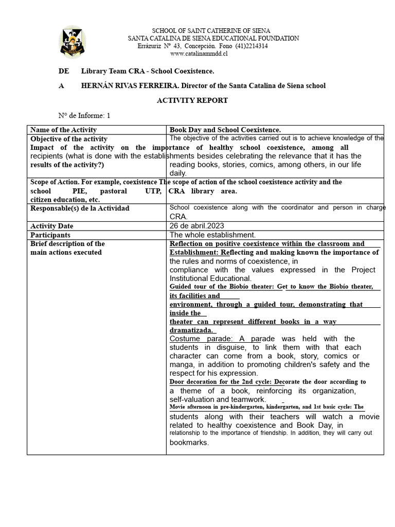 Format of The Report of Activities For Book Day and School Coexistence ...