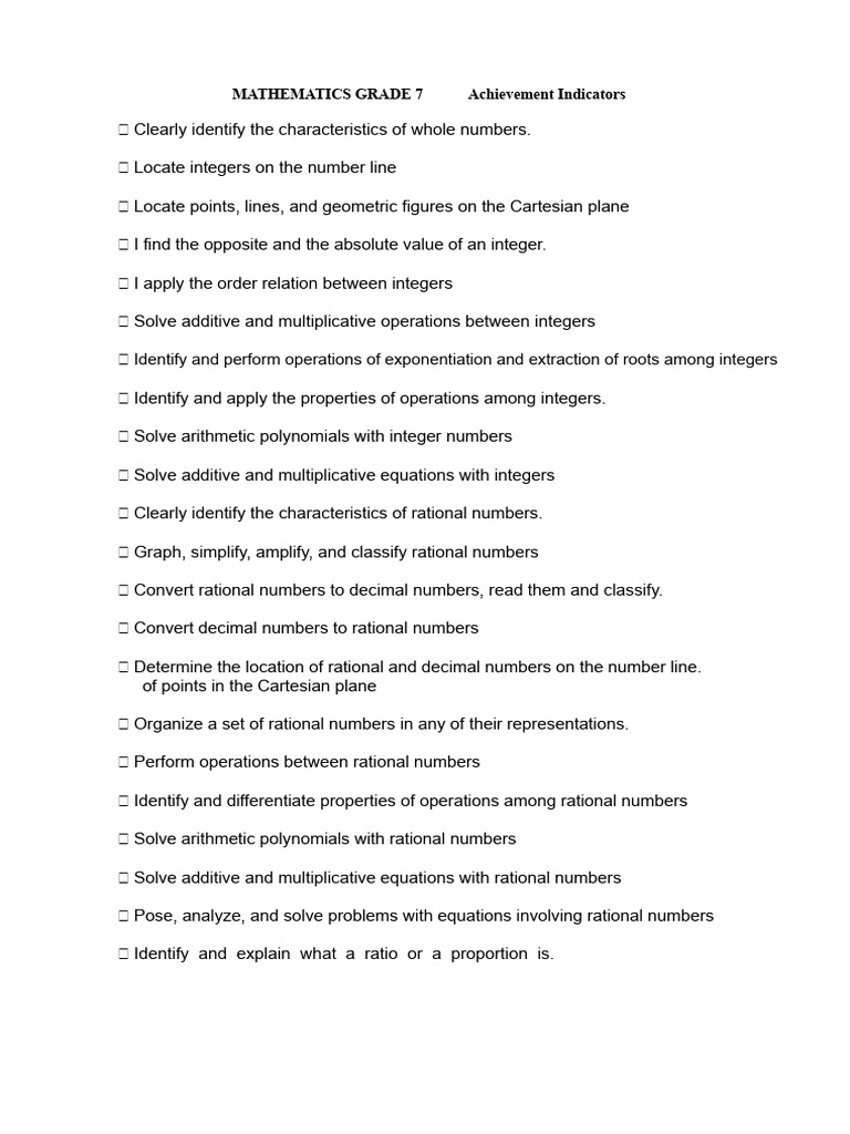 Mathematics 7 Achievement Indicators | PDF | Numbers | Area