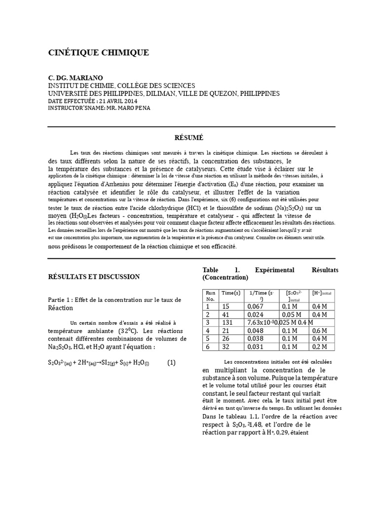 Étude de la cinétique chimique des réactions | PDF | Cinétique chimique ...