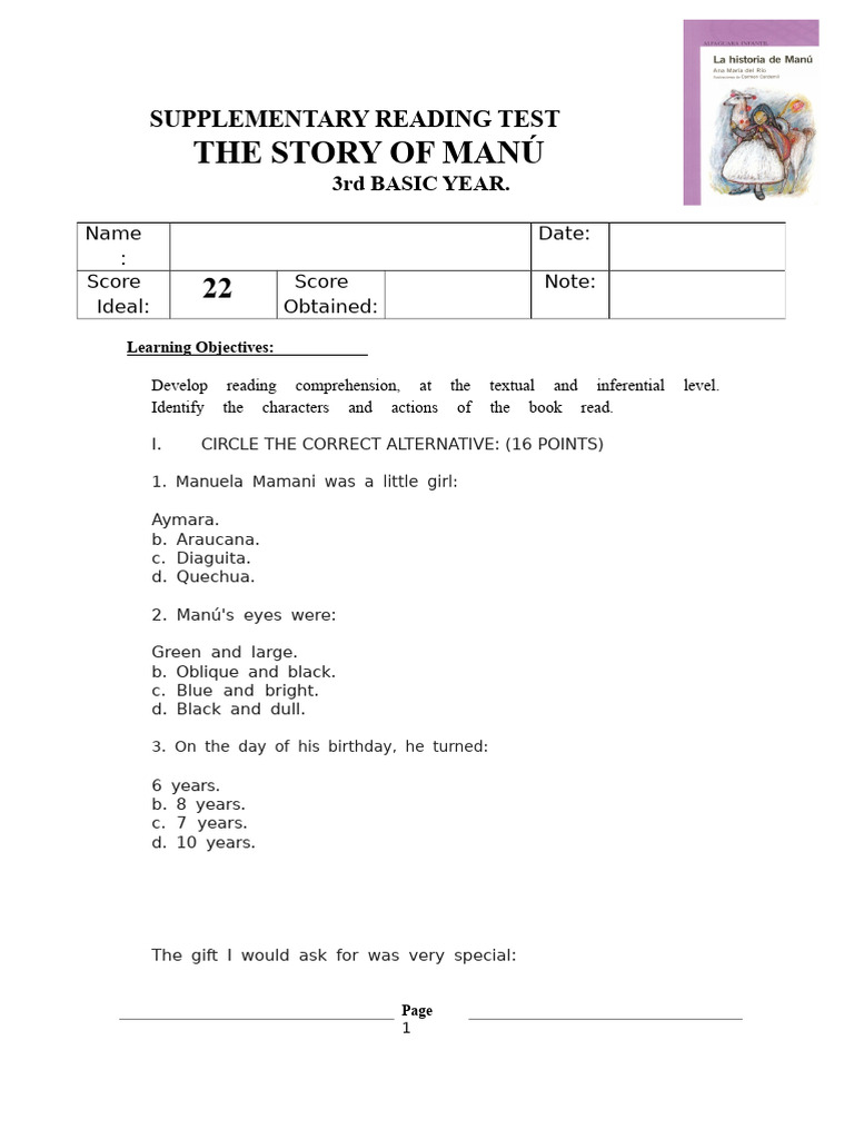 Complementary Reading Test. The Story of Manú 3RD Year | PDF