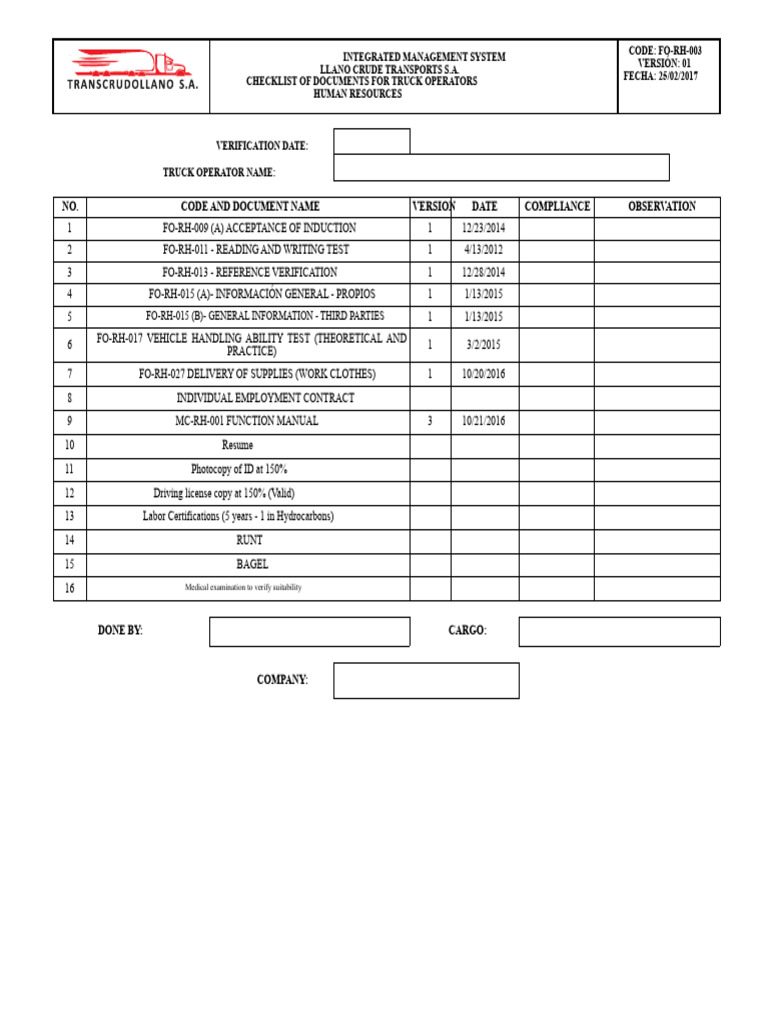 FO-RH-003 CHECKLIST OF DOCUMENTS FOR TRUCK OPERATORS V1 | PDF ...