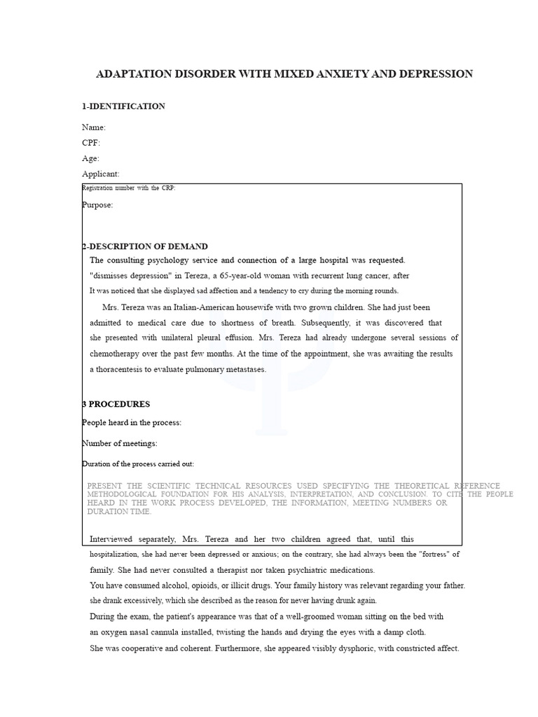 Psychological Report Adaptation Disorder With Mixed Anxiety and ...