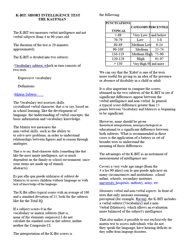 K-BIT: Kaufman Brief Intelligence Test | PDF | Intelligence Quotient ...