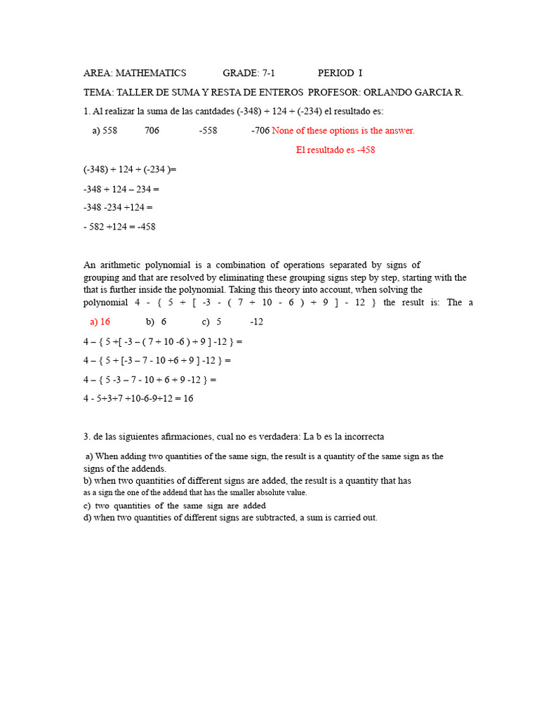 WORKSHOP ON ADDITION AND SUBTRACTION OF INTEGERS Grade 7 2021 | PDF ...