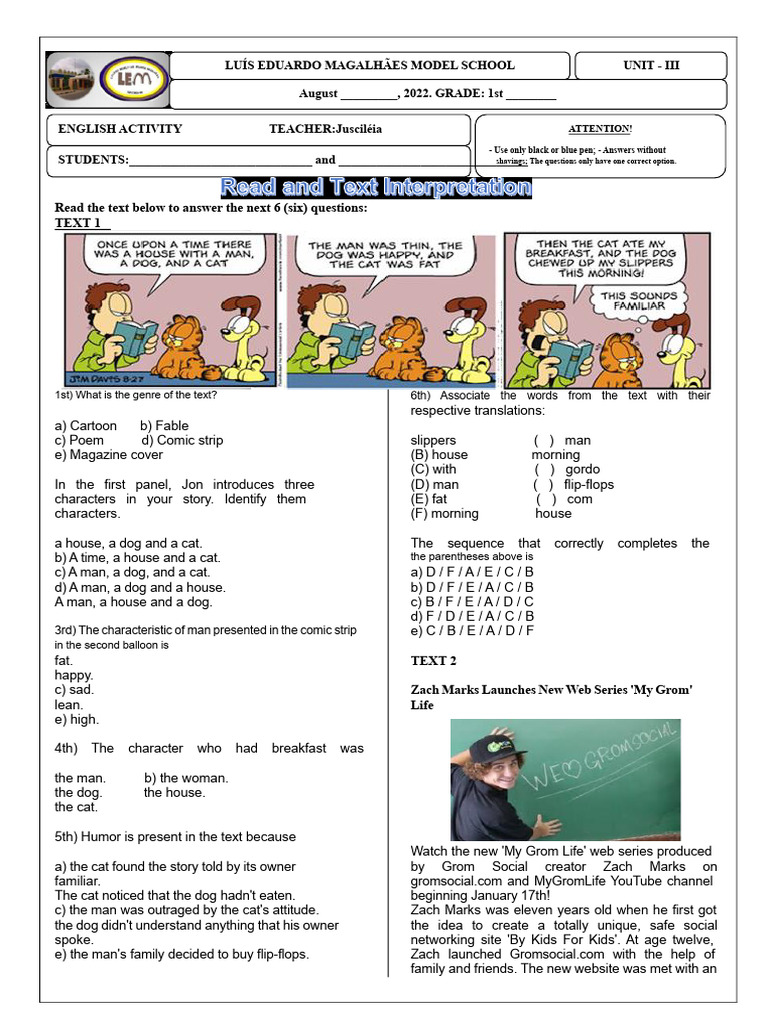 ENGLISH ACTIVITY 1st Year | PDF | Cartooning | Comics