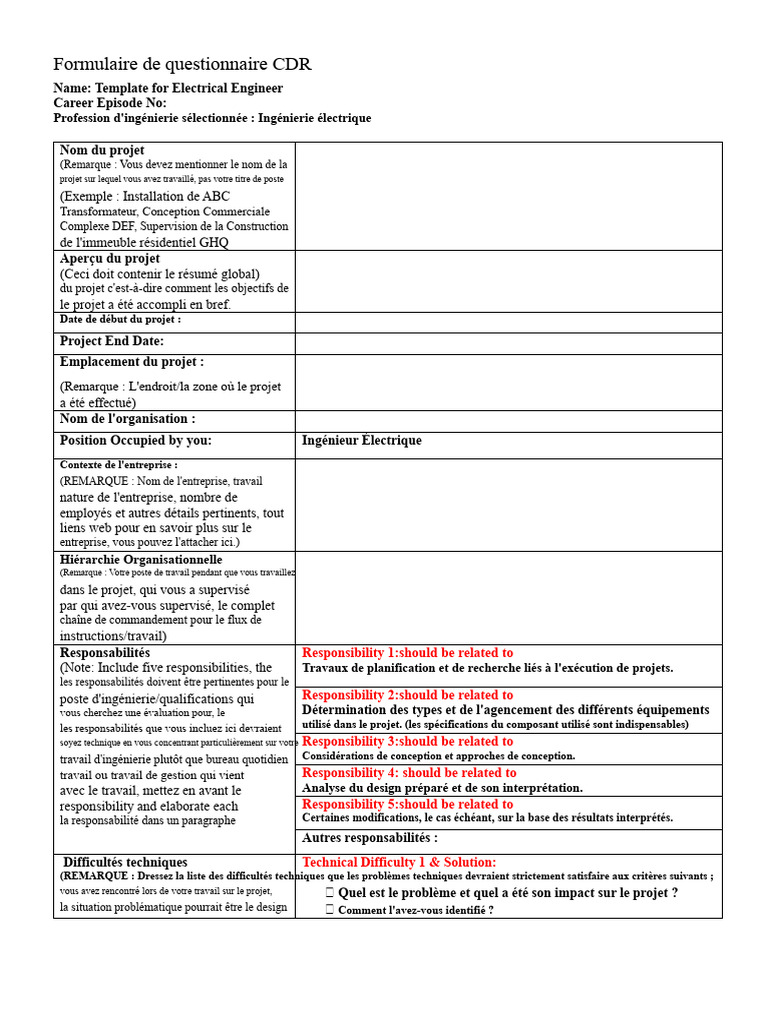 Questionnaire CDR pour Ingénieur Électrique | PDF | Ingénieur | Business