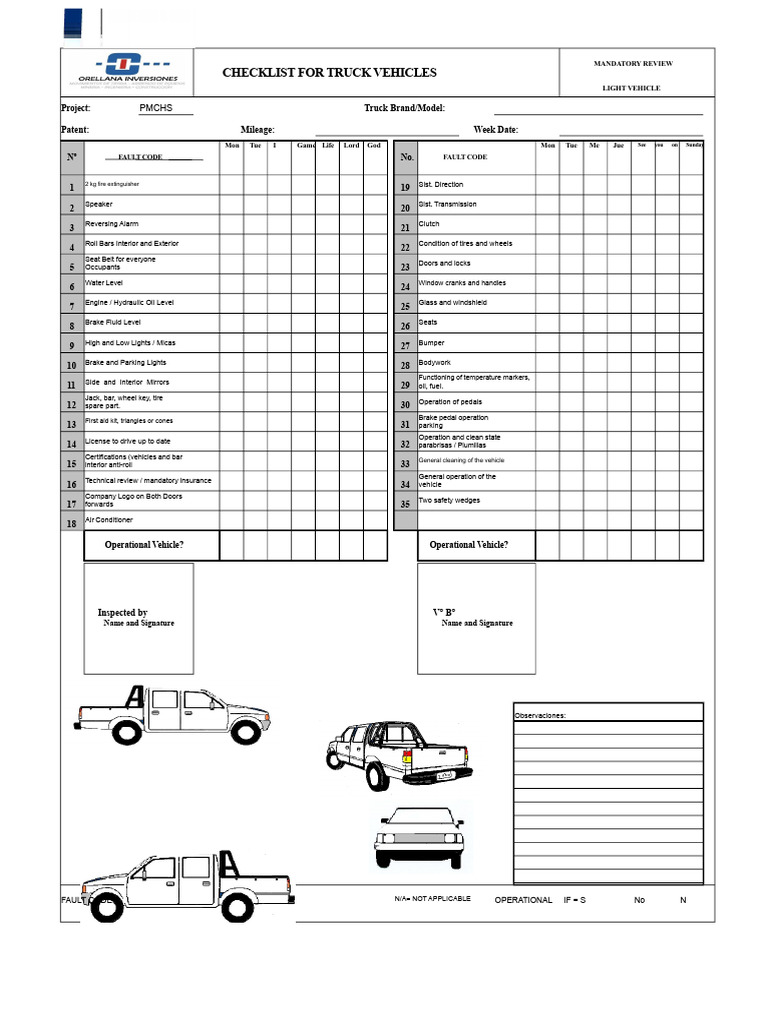 Truck Vehicle Mandatory Review Checklist | PDF | Truck | Vehicles
