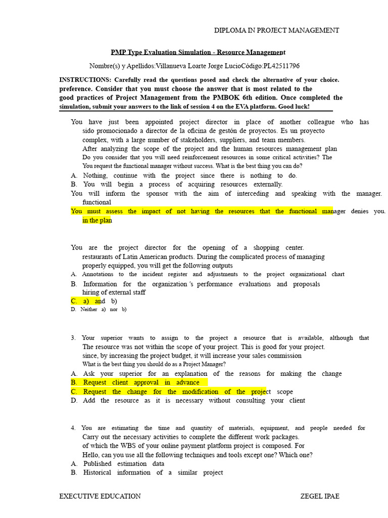 PMP Type Evaluation Simulation - Resources | PDF | Project Management ...