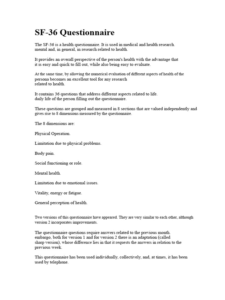 SF-36 Health Questionnaire Overview | PDF