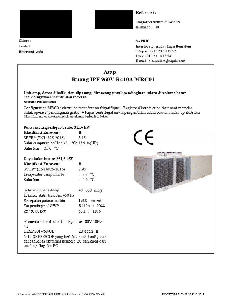 Spesifikasi Unit Atap IPF 960V R410A | PDF