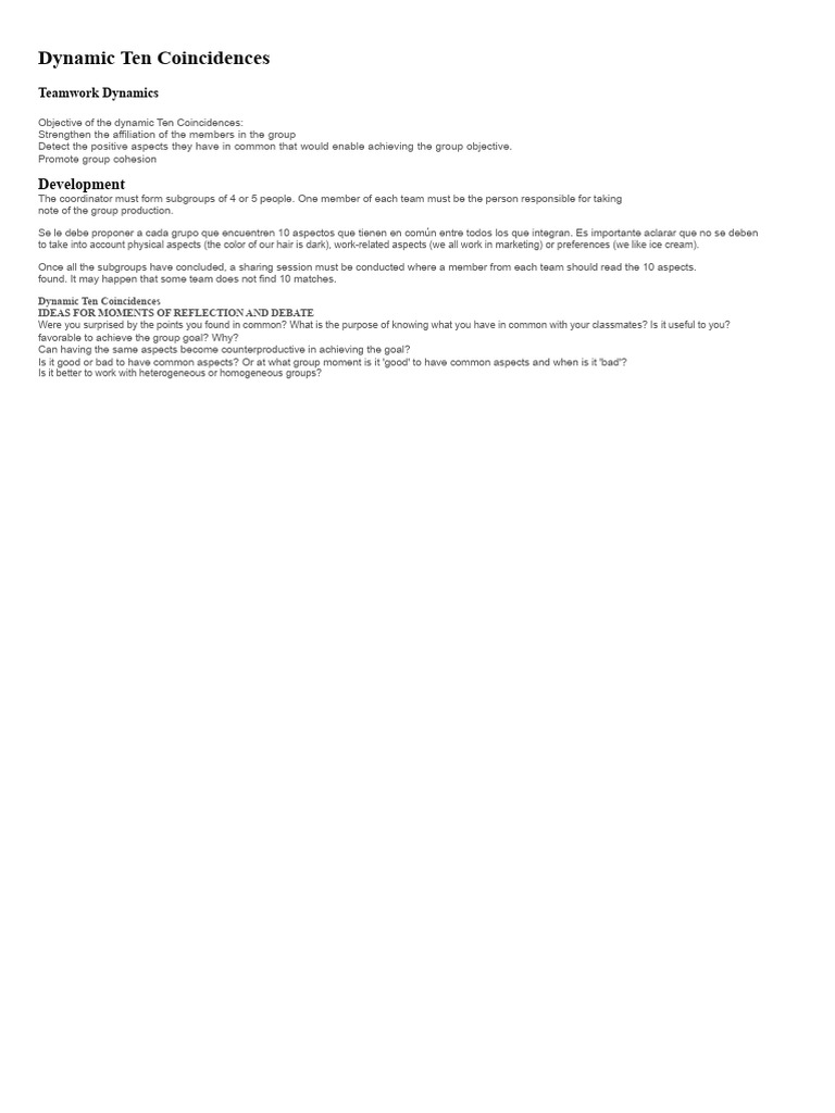 Team Building: Ten Commonalities Exercise | PDF