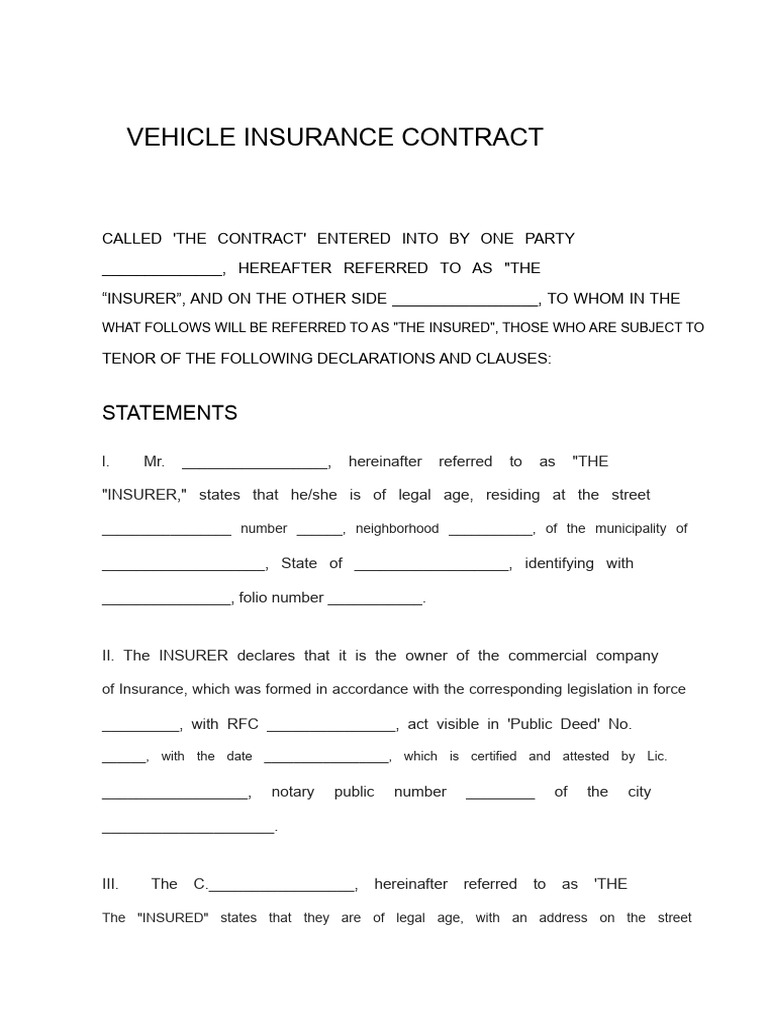 Vehicle Insurance Contract Format | PDF | Insurance | Private Law