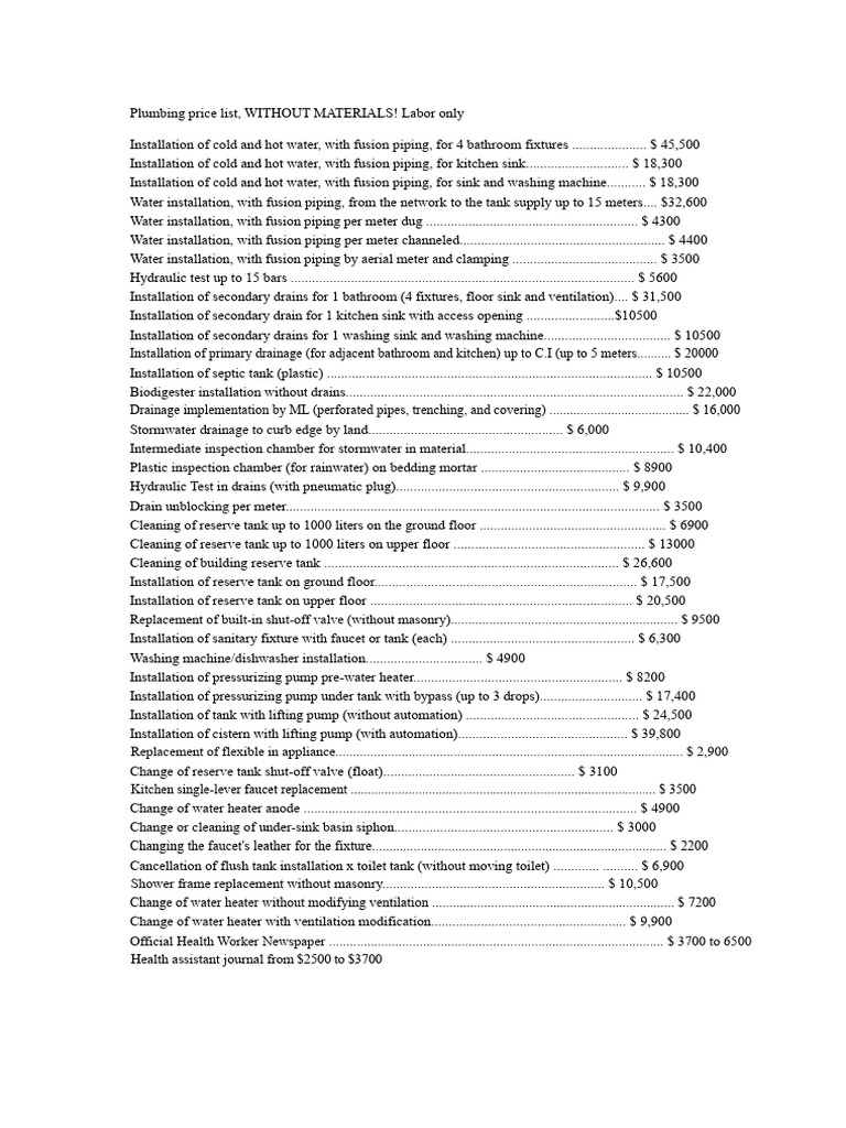Plumbing Labor Price List 2023 | PDF | Plumbing | Sink