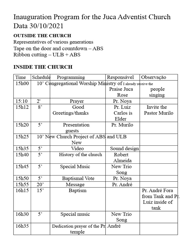 Inauguration Program of The Adventist Church of Juca | PDF