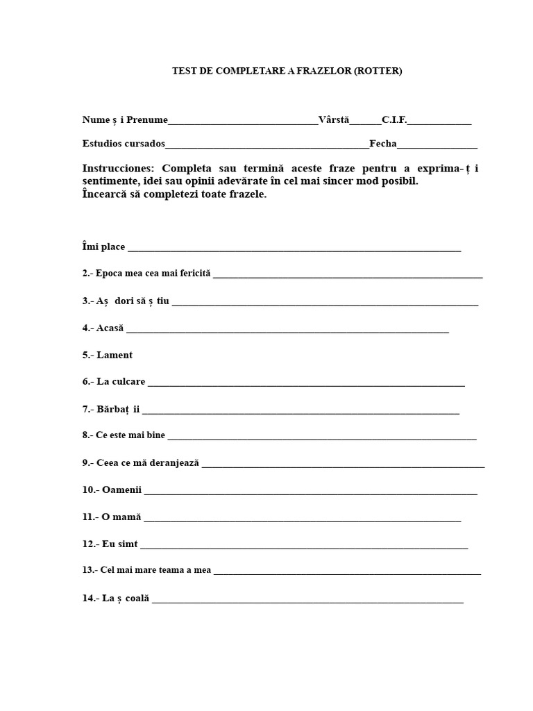 Test-Frase Incomplete Rotter | PDF