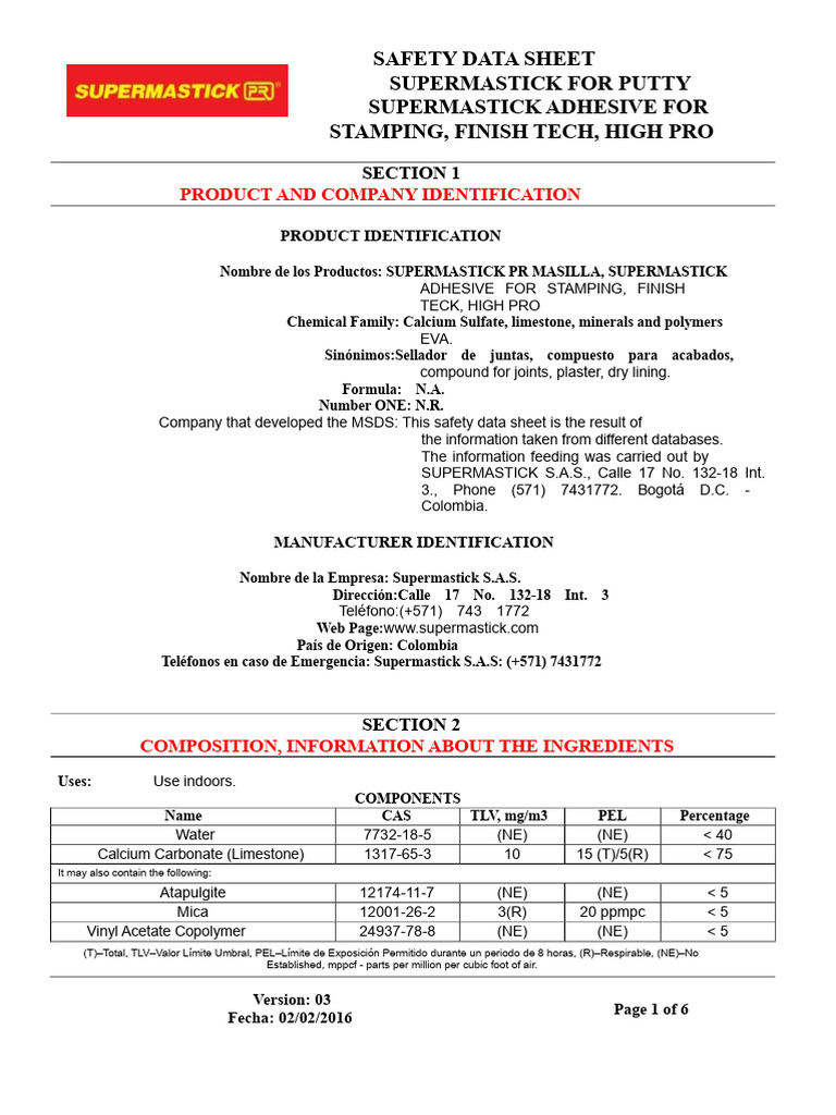 Safety Data Sheet Supermastik | PDF | Chemistry | Occupational Safety ...
