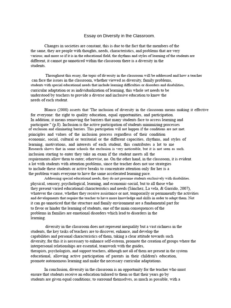 Diversity in The Classroom Essay | PDF | Inclusion (Education) | Learning