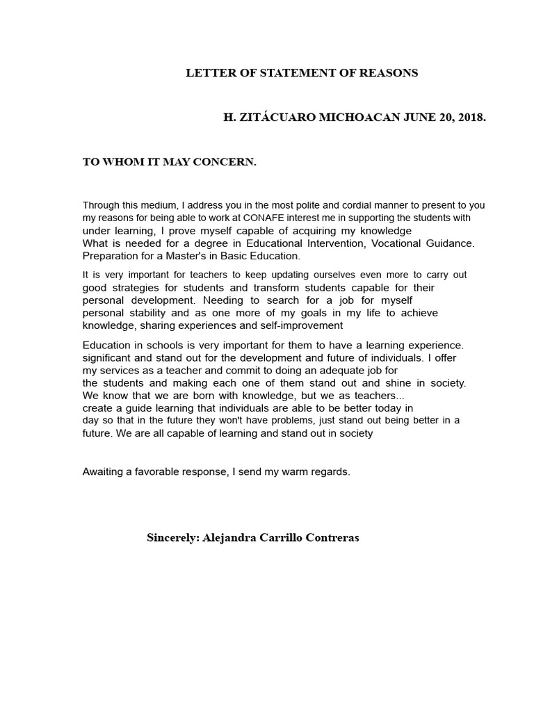 Letter of Explanation of Reasons | PDF