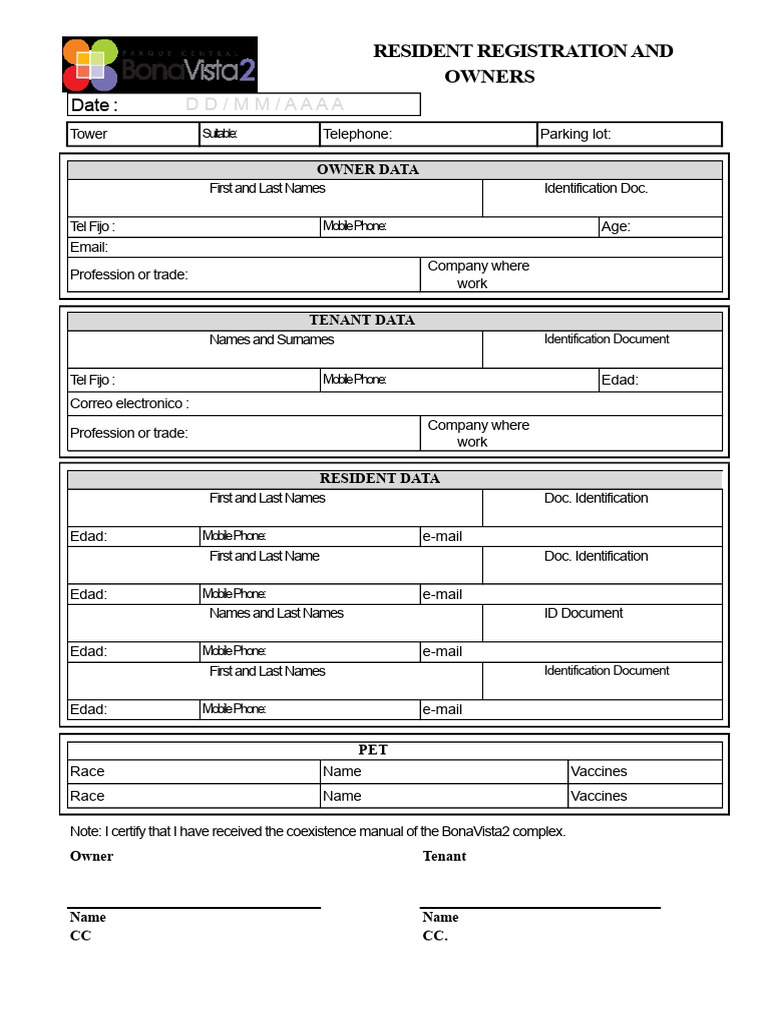 Resident Registration Form Template | PDF