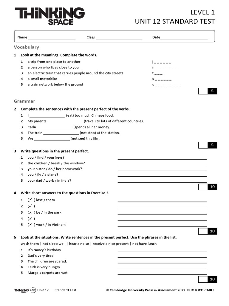 A2 Level 1 Unit 12 Standard Test | PDF | Linguistics | Grammar