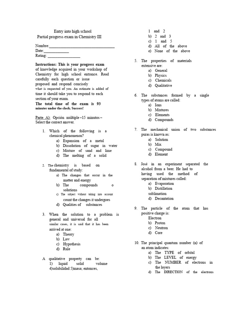 High School Chemistry Progress Exam | PDF | Mole (Unit) | Chemistry