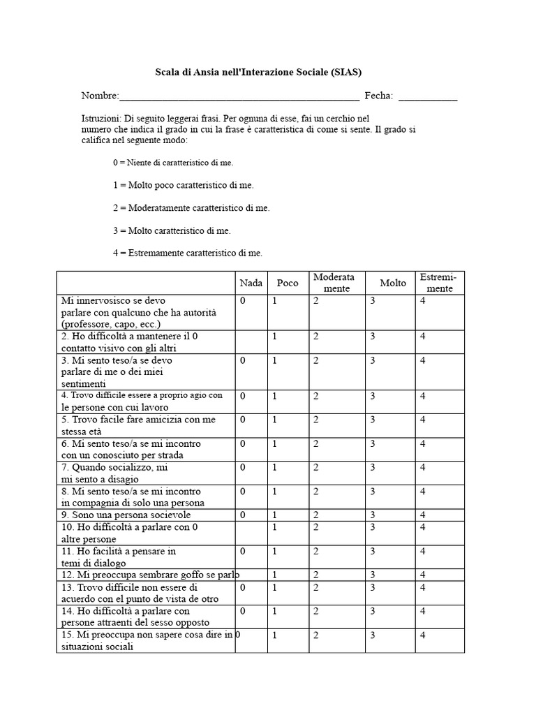 Test SIAS Scala Di Ansia Nell'interazione Sociale | PDF