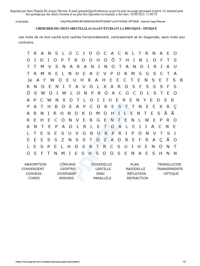 Caça Mots Optique en Physique PDF — free download