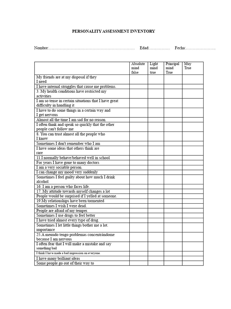 Personality Assessment Questionnaire | PDF | Mind | Thought