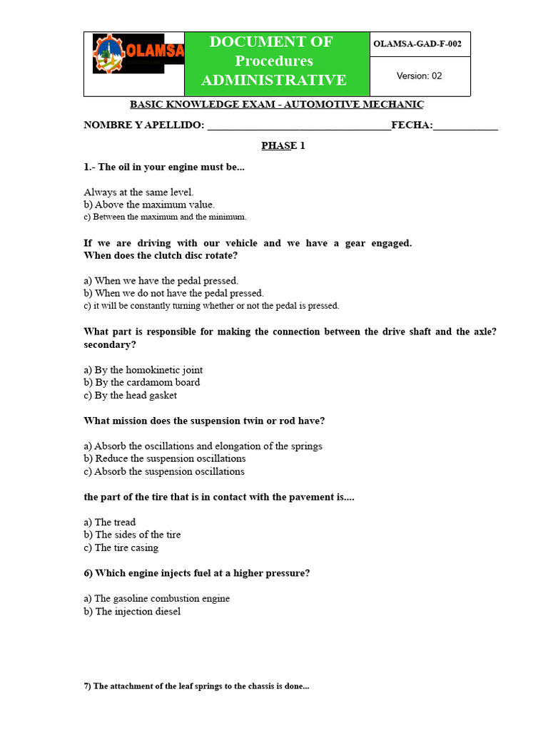 Exam for Mechanic | PDF | Engines | Clutch