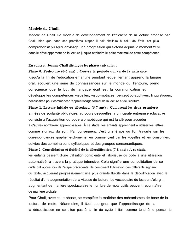 Phases du développement de la lecture selon Chall | PDF | Apprentissage ...