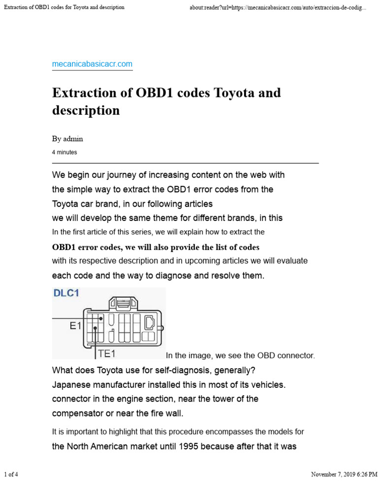 OBD1 Code Extraction For Toyota and Description | PDF | Vehicle ...