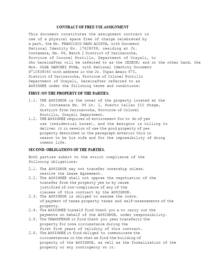 Free Use Property Assignment Contract | PDF | Assignment (Law) | Consent