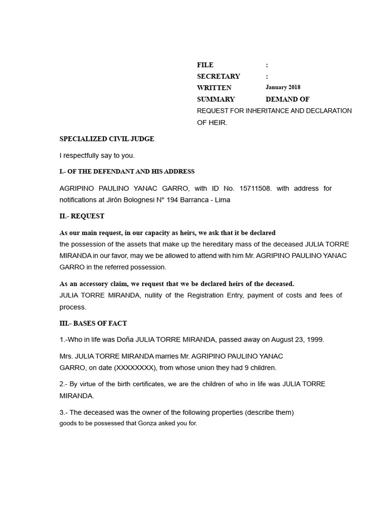 Demand For Inheritance Petition and Declaration of Heir | PDF ...