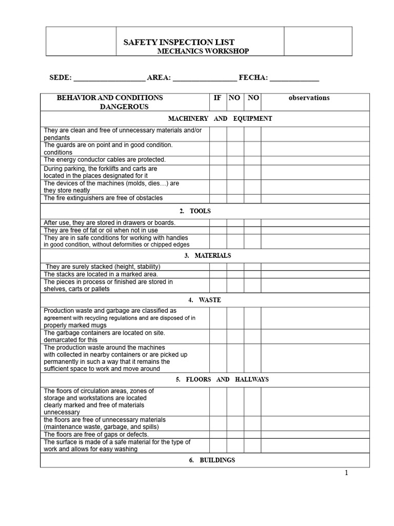 Mechanics Workshop Safety Inspection Checklist | PDF | Waste