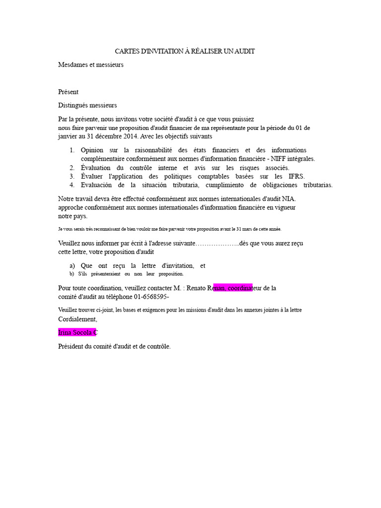 Invitation à soumettre une proposition d'audit | PDF | Audit | Normes ...