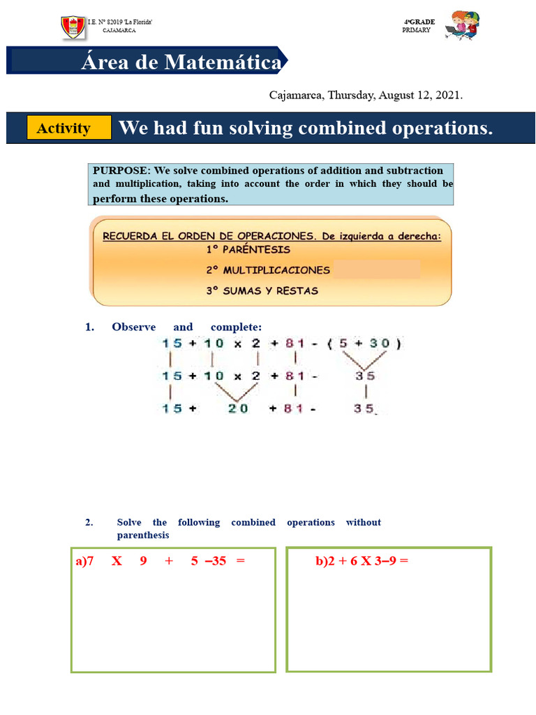 Combined Math Operations for 4th Grade | PDF