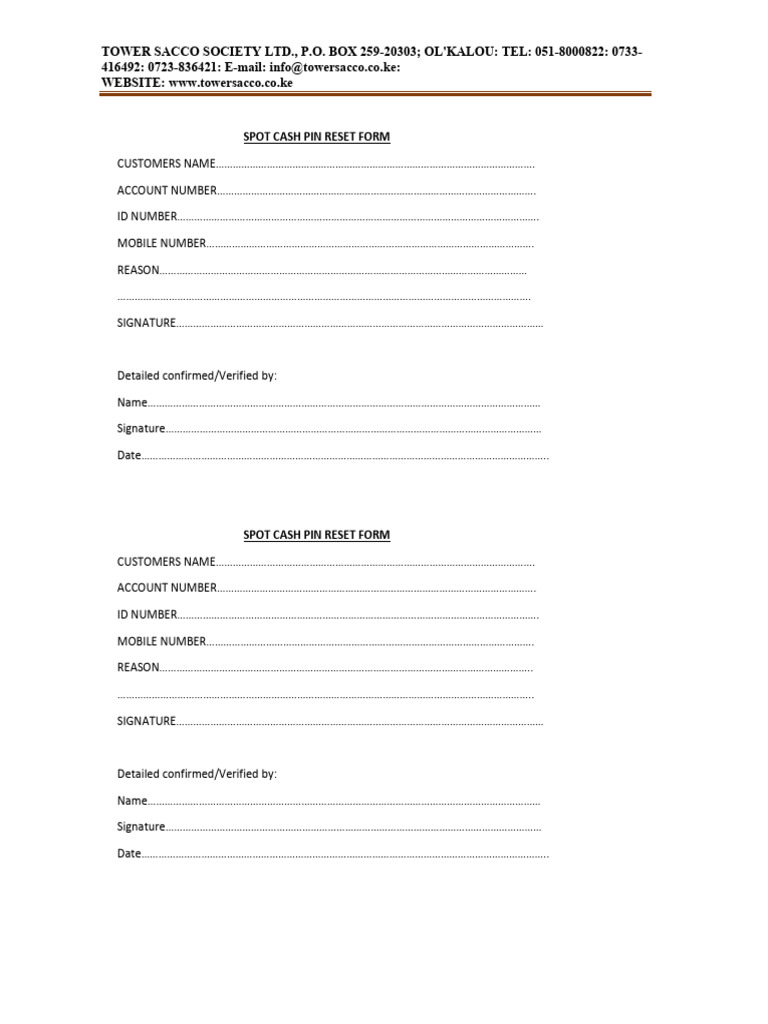 Spot Cash Pin Reset Form | PDF