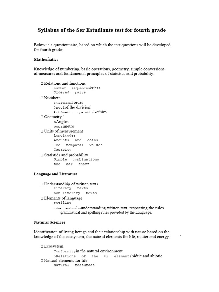 Fourth to Tenth Grade Test Syllabus | PDF | Ecosystem | Algebra
