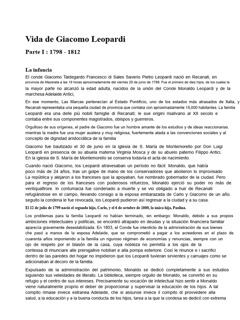 Infancia y educación de Giacomo Leopardi | PDF