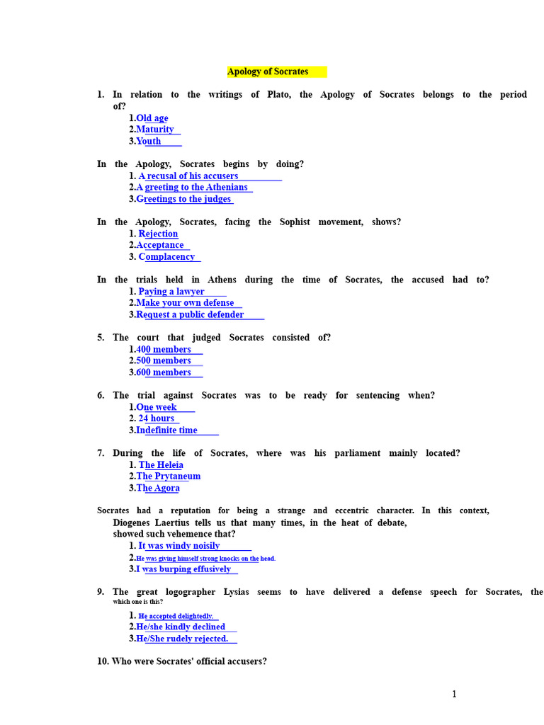 Philosophy 11°. Questionnaire On The Apology of Socrates | PDF ...